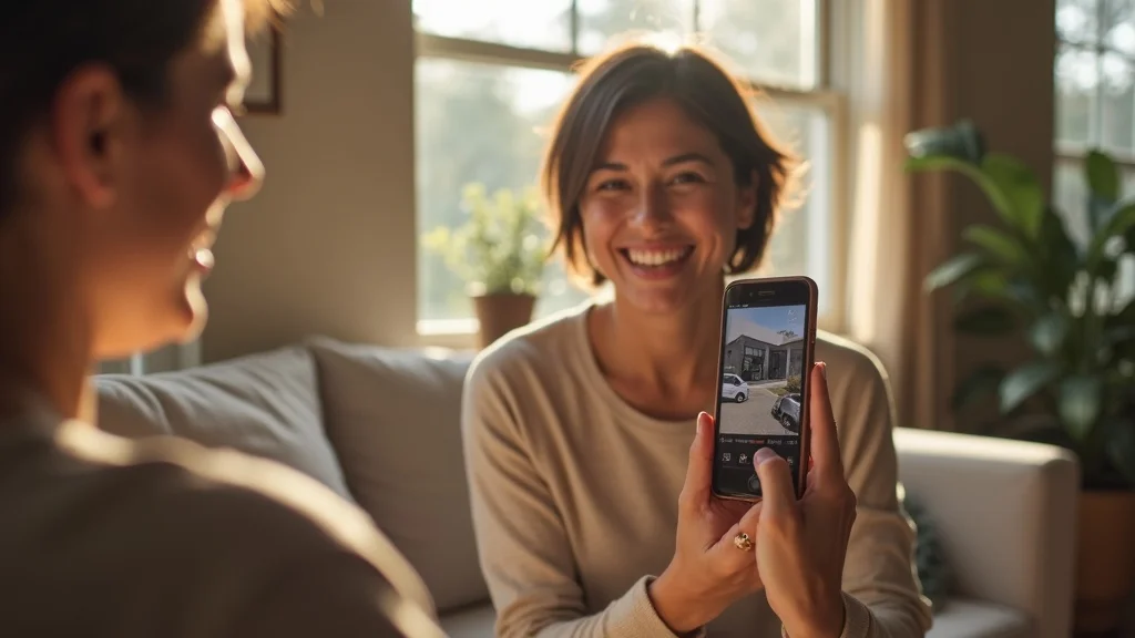 Homeowner viewing contractor short-form video for video marketing on smartphone in a warm, inviting living room