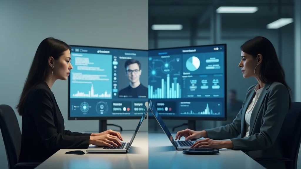 Side-by-side image comparing traditional receptionist with AI voice agent dashboard for contractors. AI Voice Response Systems for Contractors.
