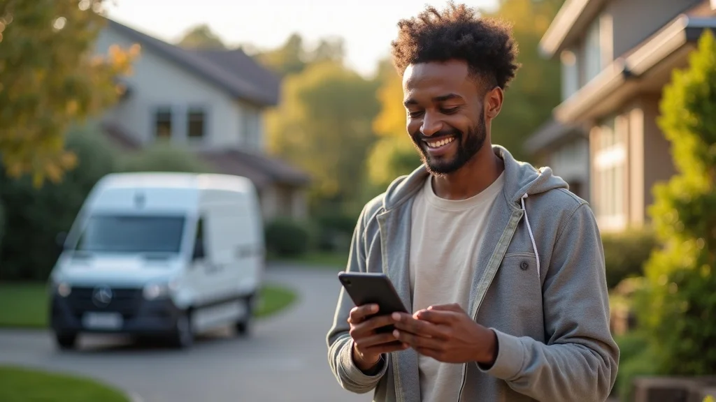 AI chatbots for painting businesses: Homeowner and contractor exchanging painting service messages via phone and tablet, contractor receives instant chat notification