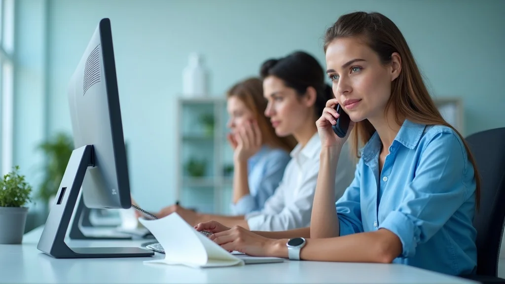 Professional cleaning service team using AI voice response system in a bright office - AI Voice Response Systems for Cleaning Services