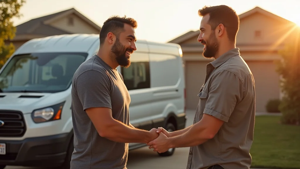 Confident contractor shaking hands with satisfied customer after successful job win using AI Voice Response System. Sunlit driveway.