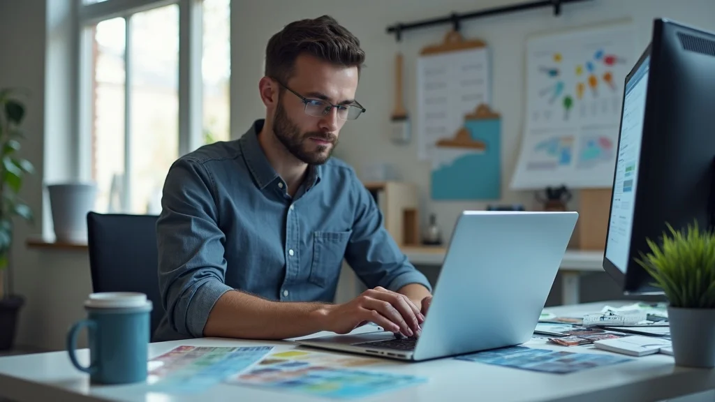 content marketing for painting companies, painting contractor at laptop reviewing digital marketing content in modern workspace
