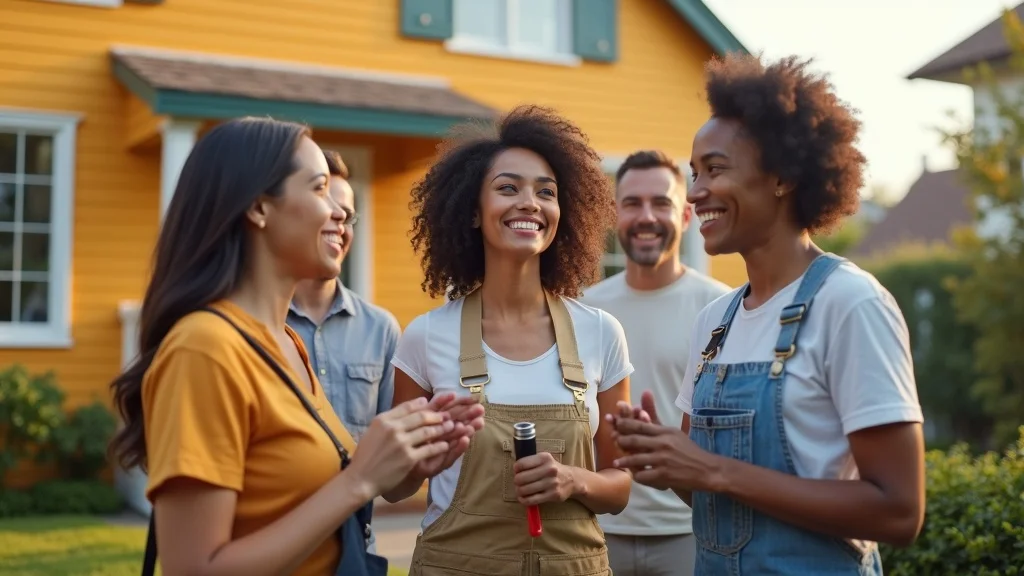 target audience for painting company, diverse homeowners working with painting contractors at painted home
