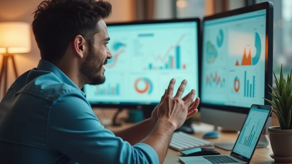 Confident digital marketer reviewing analytics dashboard for content marketing struggling with AI search