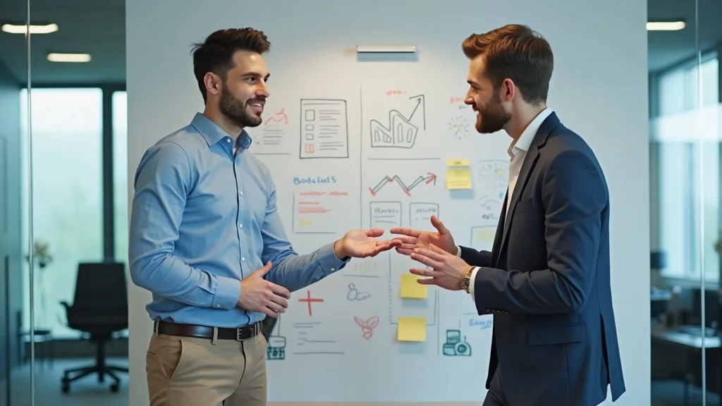content marketing for cleaning businesses — Modern digital marketing strategy session, two professionals at a whiteboard discussing cleaning business diagrams, collaborative meeting room
