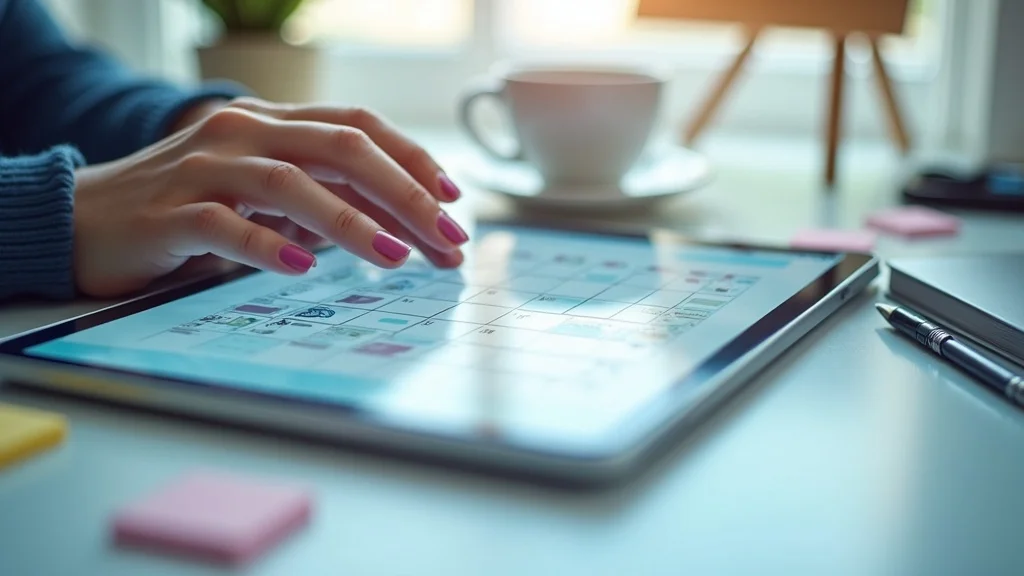 content marketing for cleaning businesses — Organized digital content calendar interface, hand placing event to calendar app, modern branded desk setup