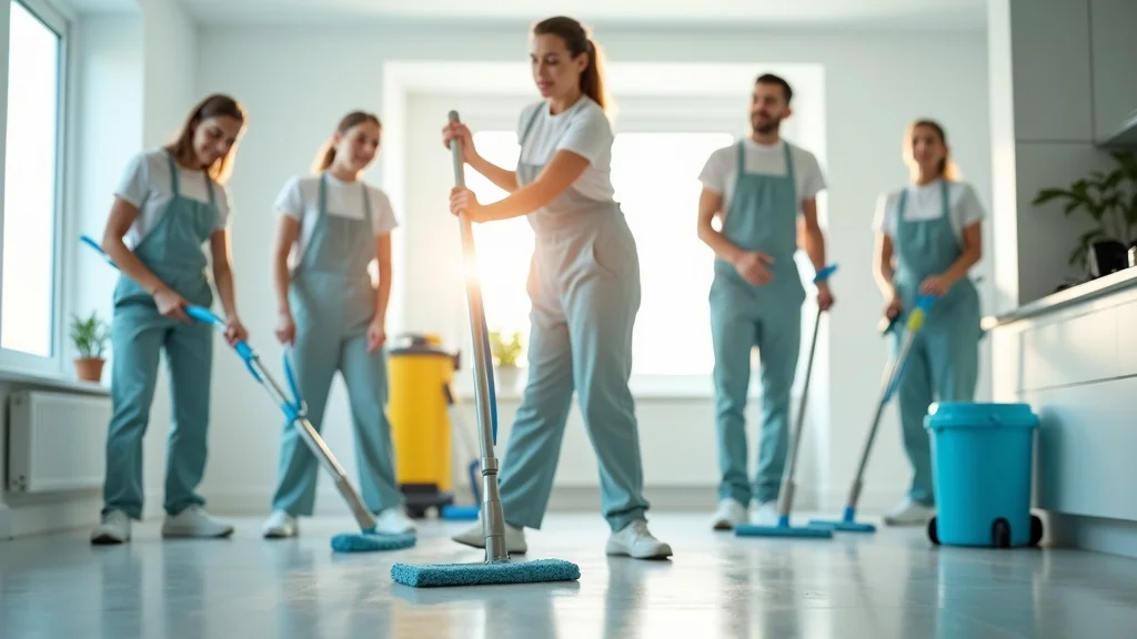 content marketing for cleaning businesses — Clean, modern cleaning team at work performing residential or office cleaning tasks in a bright, spotless workspace, natural sunlight, crisp detail, blue, white, and light green tones