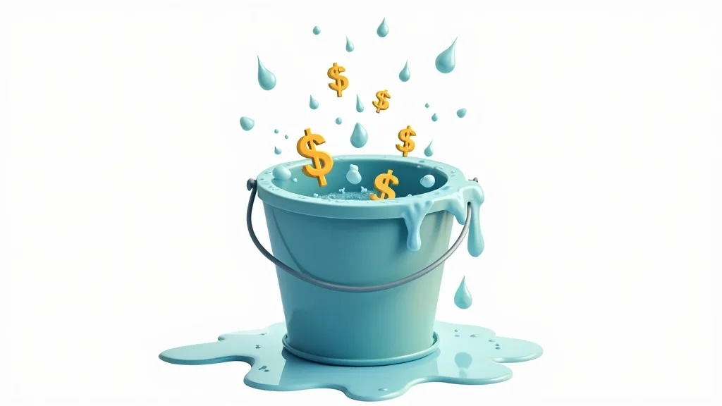 content marketing for cleaning businesses — Engaging infographic of leaky bucket: water and dollar signs leaking out, hands plugging holes, photorealistic, white background, office props, blue, teal, and gold highlights