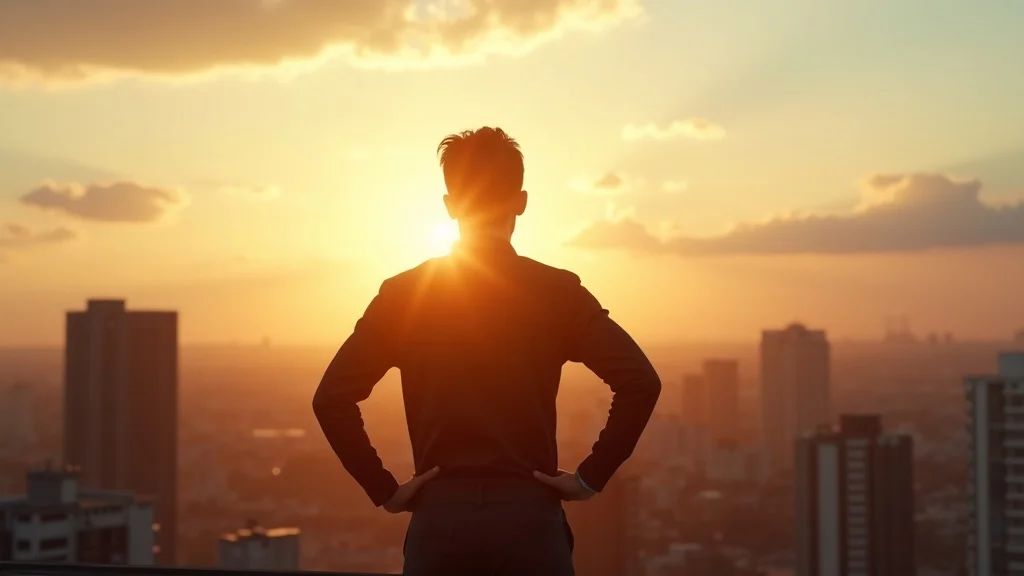 forward-looking content marketer on city rooftop at sunrise with bright future