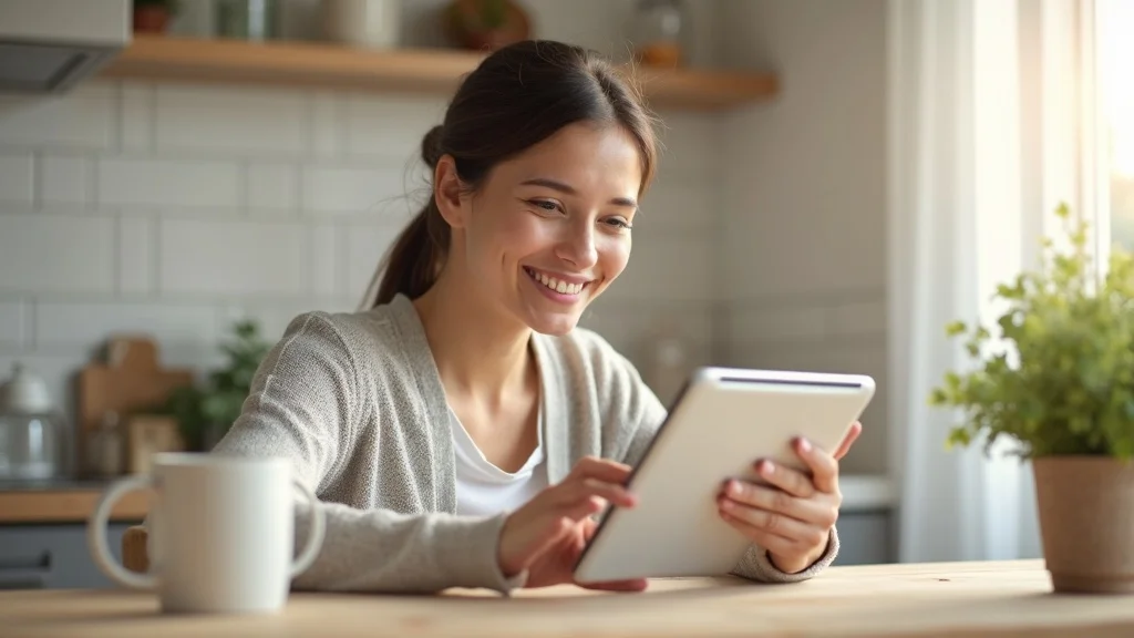 content marketing for cleaning businesses — Engaged homeowner reading cleaning blog on a tablet, sitting at kitchen table, modern tidy kitchen