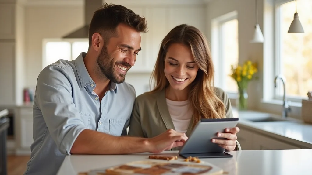 Happy homeowners admiring a freshly remodeled kitchen, highlighting case study results of content marketing for home service businesses.