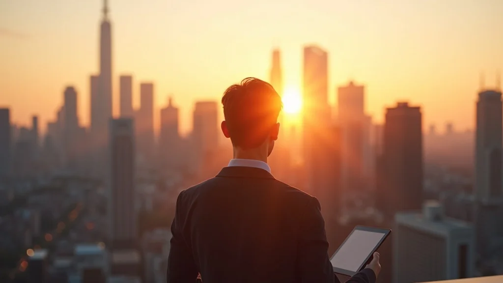Hopeful digital strategist overlooking city at dawn, symbolizing opportunity in content marketing struggling with AI search
