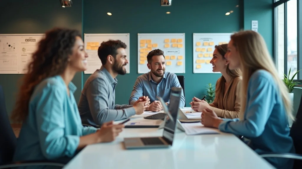 brand marketing team collaborating on top content marketing tactics in high-tech office