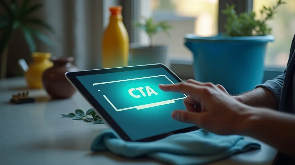 content marketing for cleaning businesses — Inviting CTA button on cleaning website, user hand at a tablet, stylish workspace, cleaning tools in the background