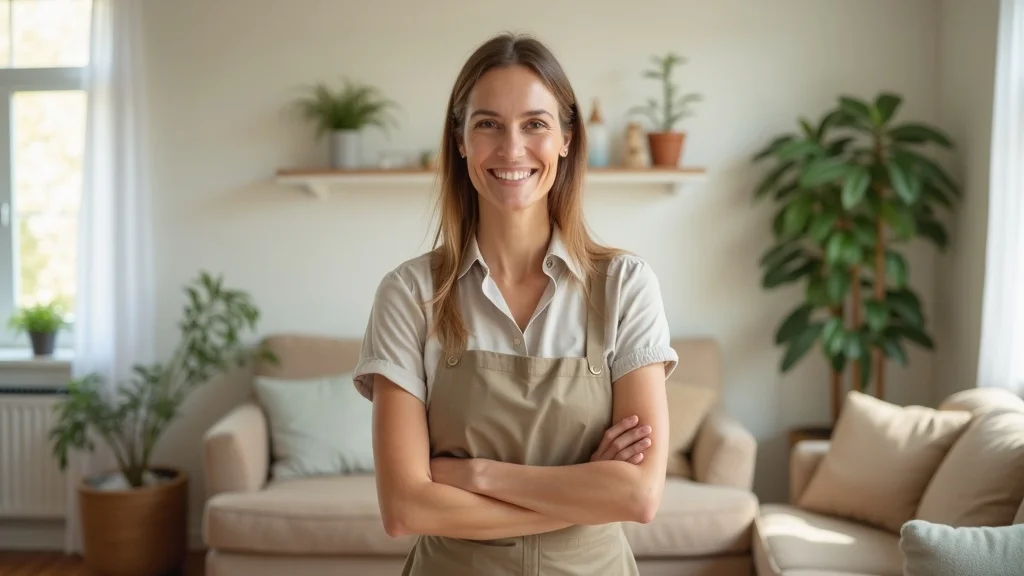 content marketing for cleaning businesses — Friendly cleaning service client persona, warm mid-aged professional in business-casual, modern living room, natural window light