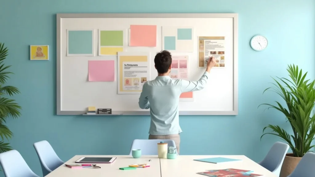 brainstorming blog post ideas for painting company, contractor at whiteboard with samples