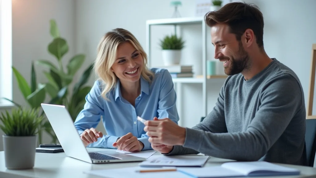 Professional home services team engaged in content marketing for home service businesses, planning at a modern office desk, with digital tablets and paperwork.