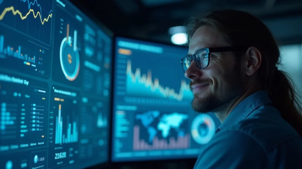 content marketing success metrics on analytics dashboard with marketing analyst in control room