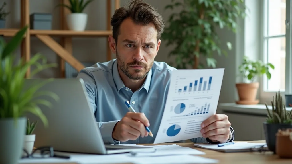 Thoughtful home service consultant reviewing a digital dashboard and checklist, demonstrating strategy-first content marketing for home service businesses.