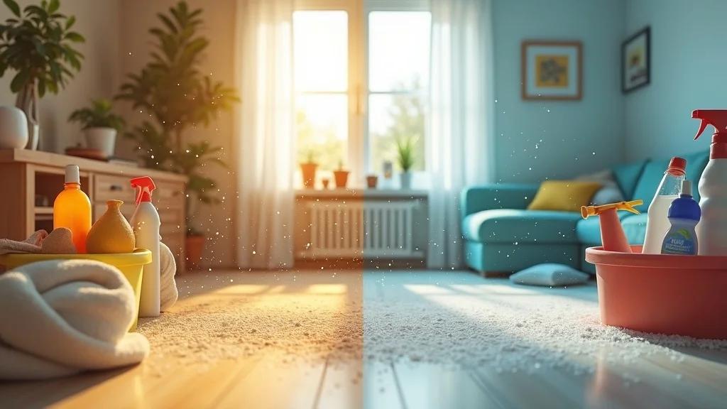 content marketing for cleaning businesses — Before and after cleaning transformation, sparkling clean room beside cluttered version, photorealistic, residential home