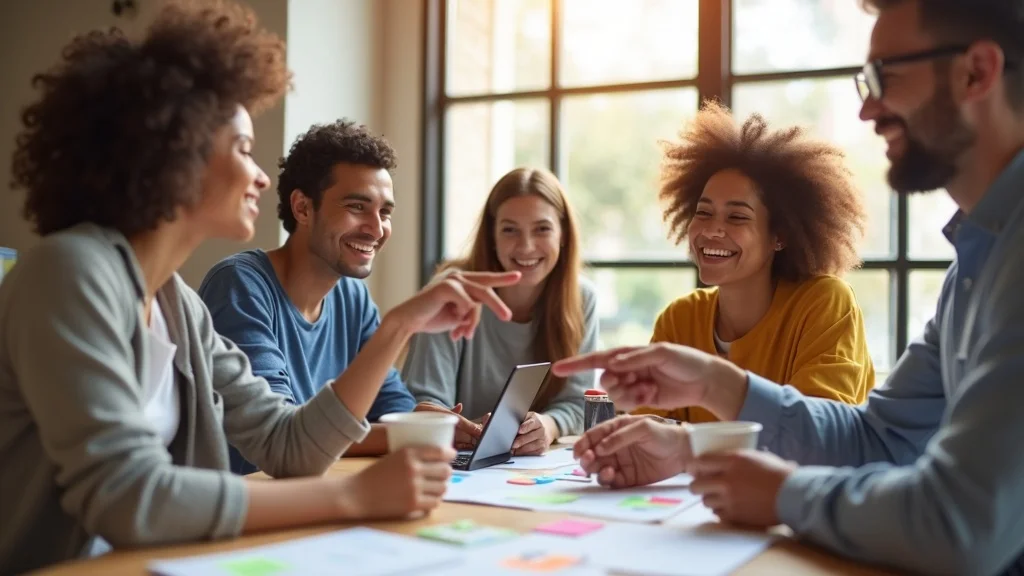 diverse local service team collaborating on content marketing ideas for better brand awareness and conversion-focused content