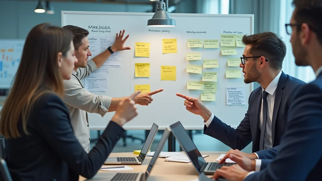 Motivated home service team collaborating around a wall of marketing plans, taking action on content marketing system improvements.