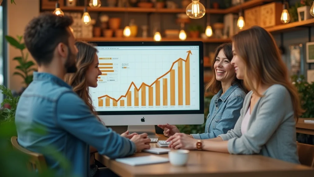 local pack SEO: Chart shows team celebrating small business growth with SEO analytics and rising results