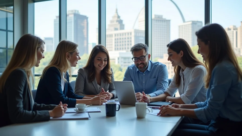 Dynamic local business team discussing content marketing in St. Louis, photorealistic office scene with St. Louis skyline
