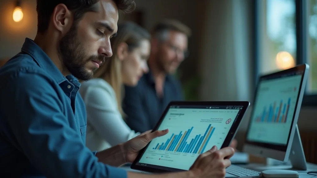 content marketing for cleaning businesses — Professional cleaning business owner reviewing digital dashboard with analytics in a branded, tidy home office, tablet or laptop displaying graphs