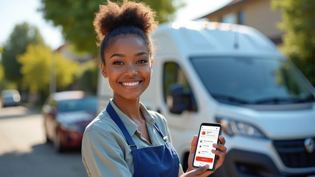 Small business owner pointing to their Google Business Profile on a smartphone, a key part of content marketing for home service businesses and local SEO.