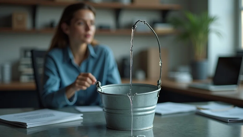 content marketing leaky bucket metaphor with a business owner examining a shop counter for marketing leaks