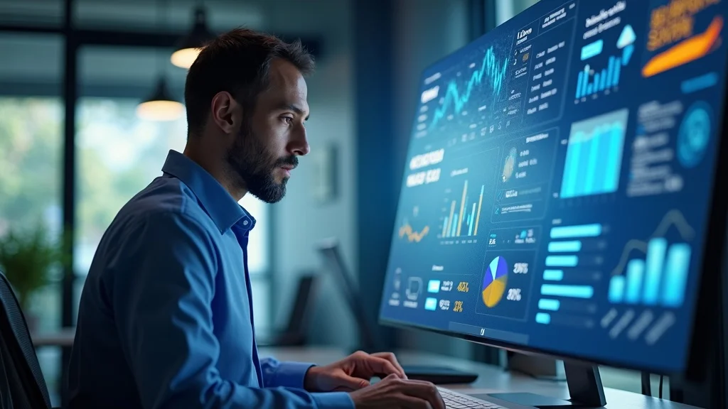 Confident small business owner collaborating with an AI assistant while reviewing human-driven AI marketing analytics in a modern office