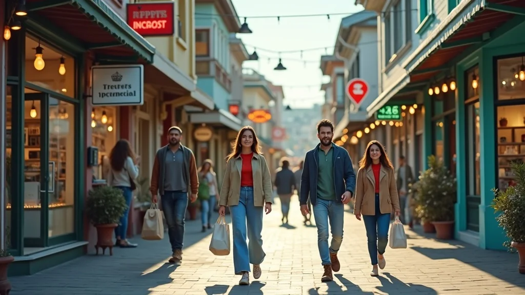 local pack SEO: Bustling small town with visible storefronts, vivid main street, and subtle Google Maps overlay