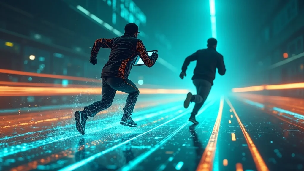 Small business owners racing on digital tracks, using AI-powered marketing tools to stay ahead in a competitive market