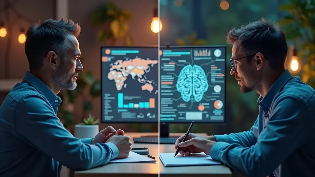 Nuanced human-driven ai marketing comparison between human creativity and AI automation in a split-screen workspace