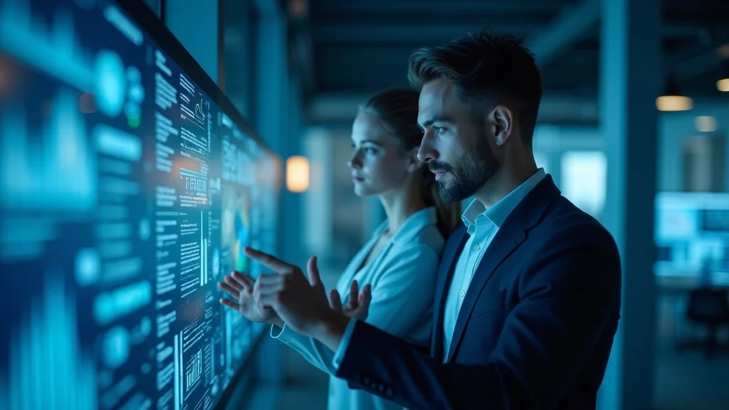 Business professionals utilizing human-driven AI marketing interface for lead quality and capture, featuring holographic dashboards