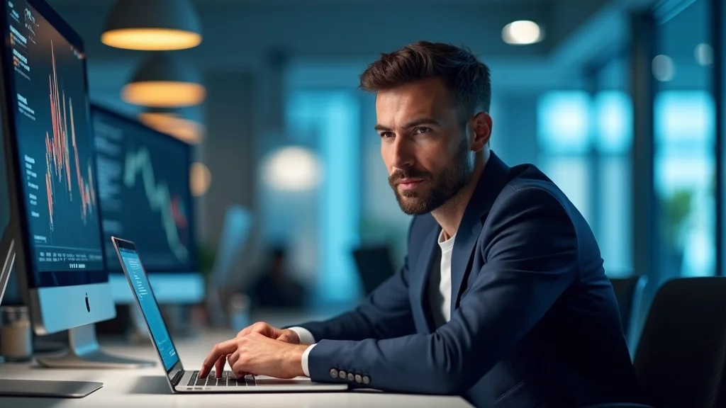 Modern marketing strategist in office using human-driven ai marketing for growth, thoughtful and confident at a branded tech setup