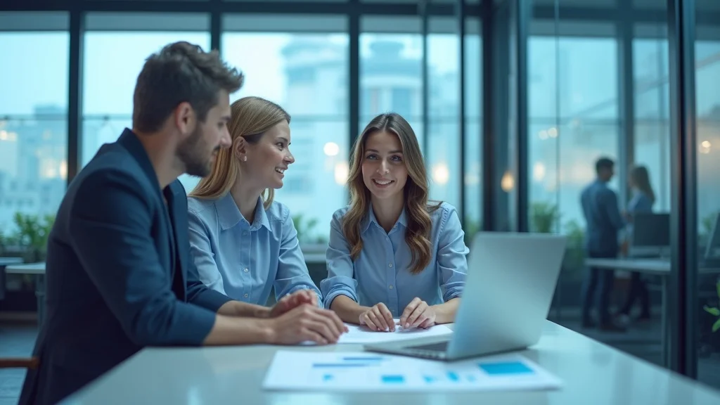 Sales and marketing alignment in a professional team meeting in a sleek office with digital reports and team collaboration