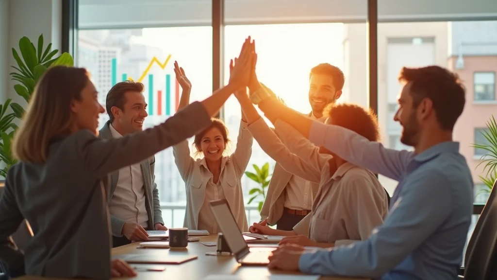 Successful midsize business team celebrating growth achieved with human-driven ai marketing