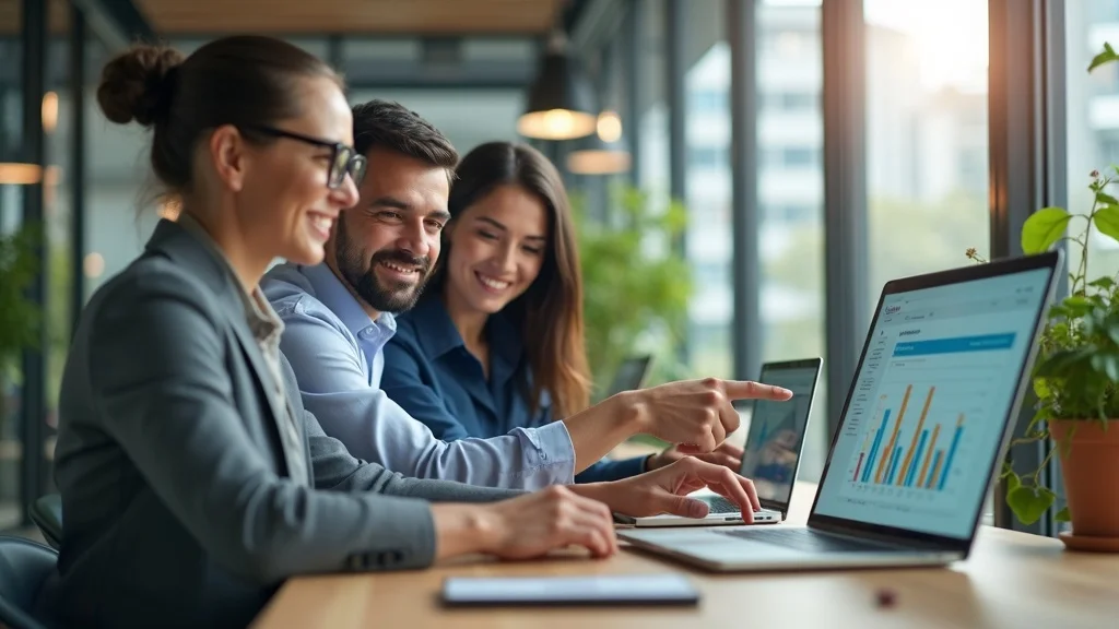 Automated lead capture in a modern small business office with entrepreneurs reviewing lead analytics dashboard, bright glass-walled workspace, technology background