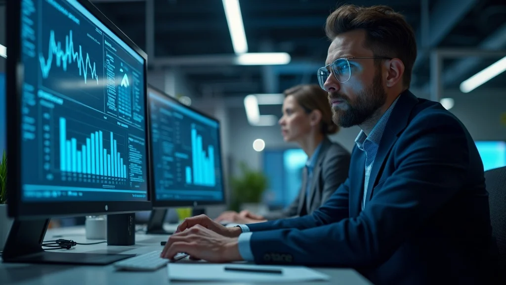 fractional cmo services delivered by experienced marketer analyzing marketing dashboards and AI performance metrics on high-end desktop in a corporate setting