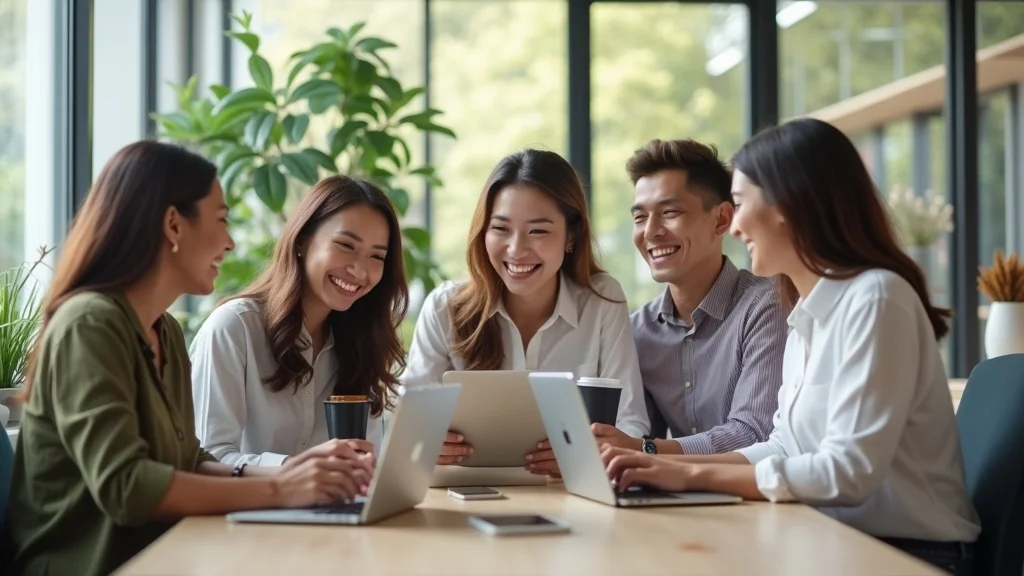 Small business team collaborating on strategic offer creation in a modern office with digital tablets and a welcoming atmosphere