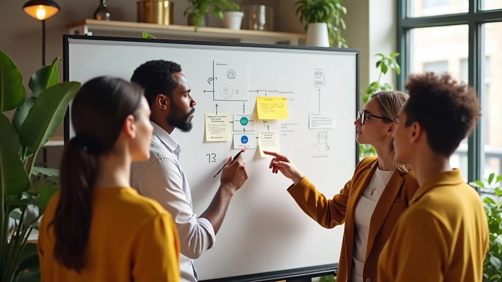 Diverse team brainstorming human-driven AI marketing workflows on digital whiteboard for improved lead quality