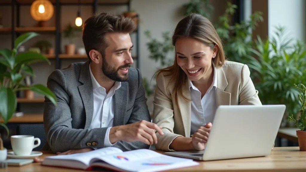 fractional cmo services in action with business leader and cmo collaborating over AI-driven marketing automation dashboards in a plant-filled contemporary office
