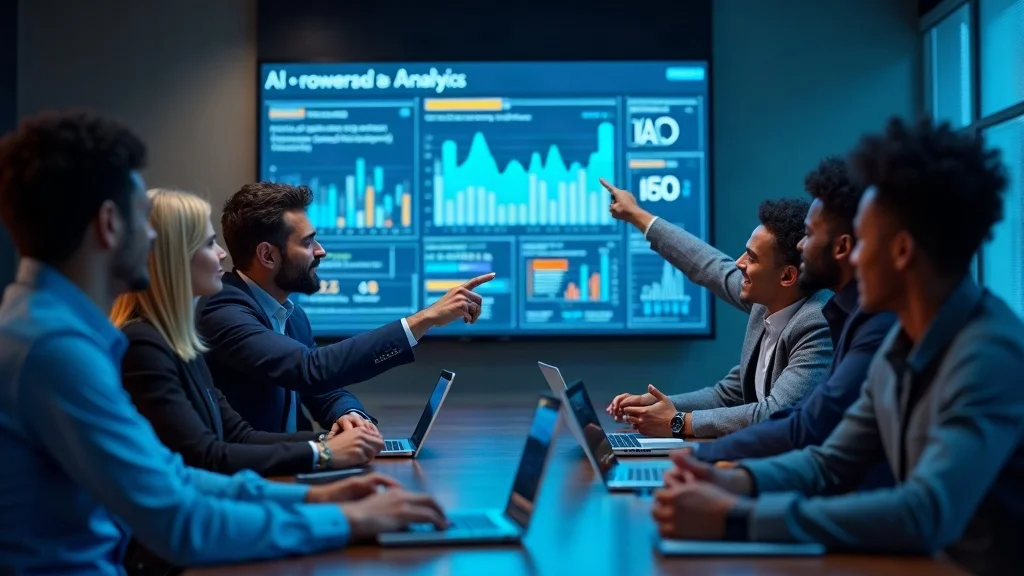 Small business marketing team analyzing AI-powered analytics and digital marketing data in a boardroom