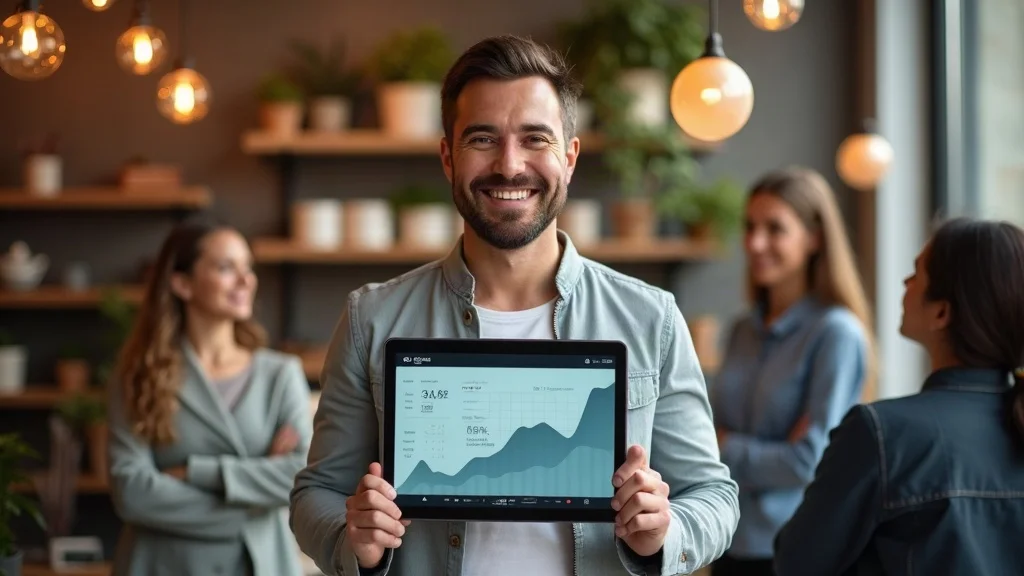 Successful small business team celebrating growth using human-driven AI marketing