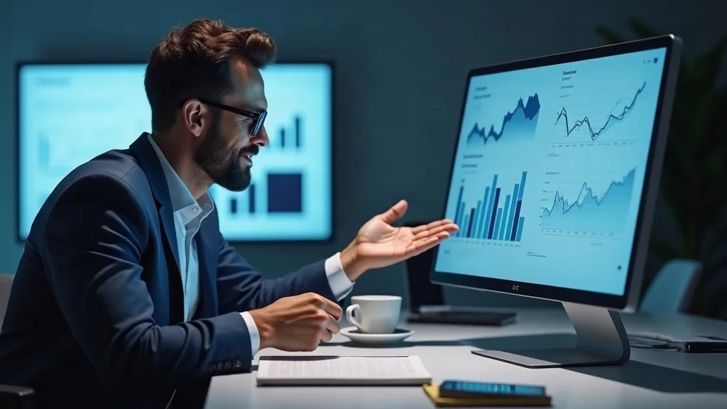 experienced marketer at conference room reviewing strategic offer creation campaign analytics on digital monitor