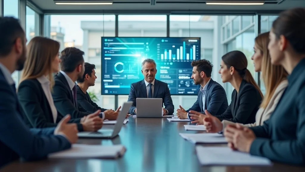 Professional business leader meeting with mid-sized company team collaborating on strategic marketing in a light-filled modern office, embodying fractional growth officer leadership