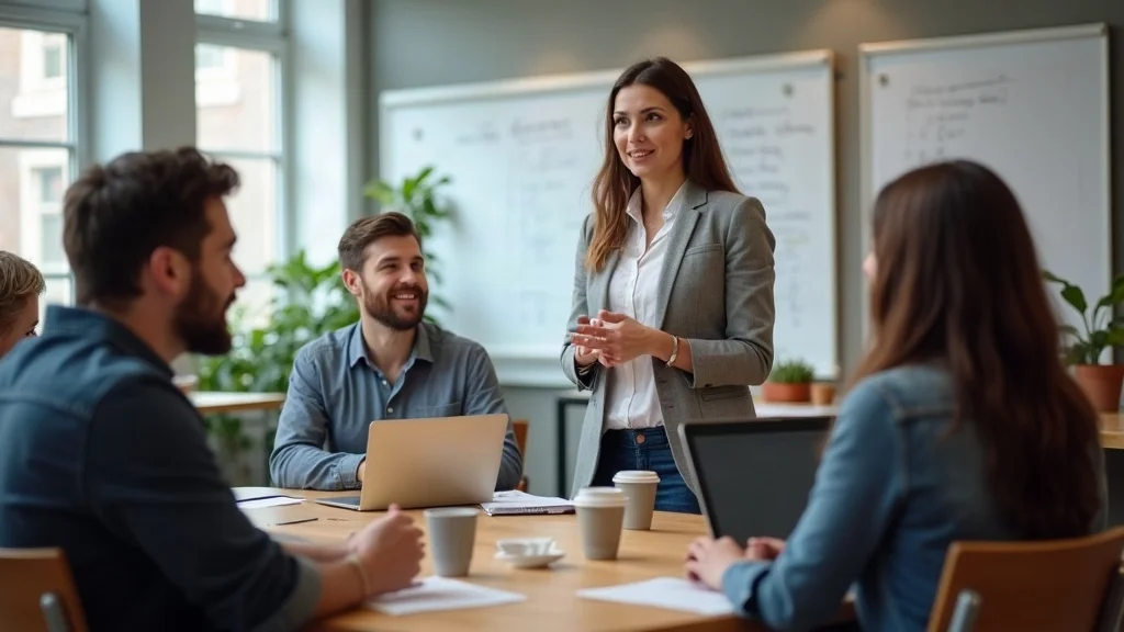 Consultant hosting a workshop on human-driven AI marketing for small business owners