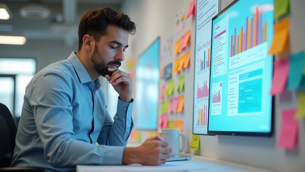marketer analyzing AI training data for marketing funnel optimization with branded sticky notes and AI dashboard